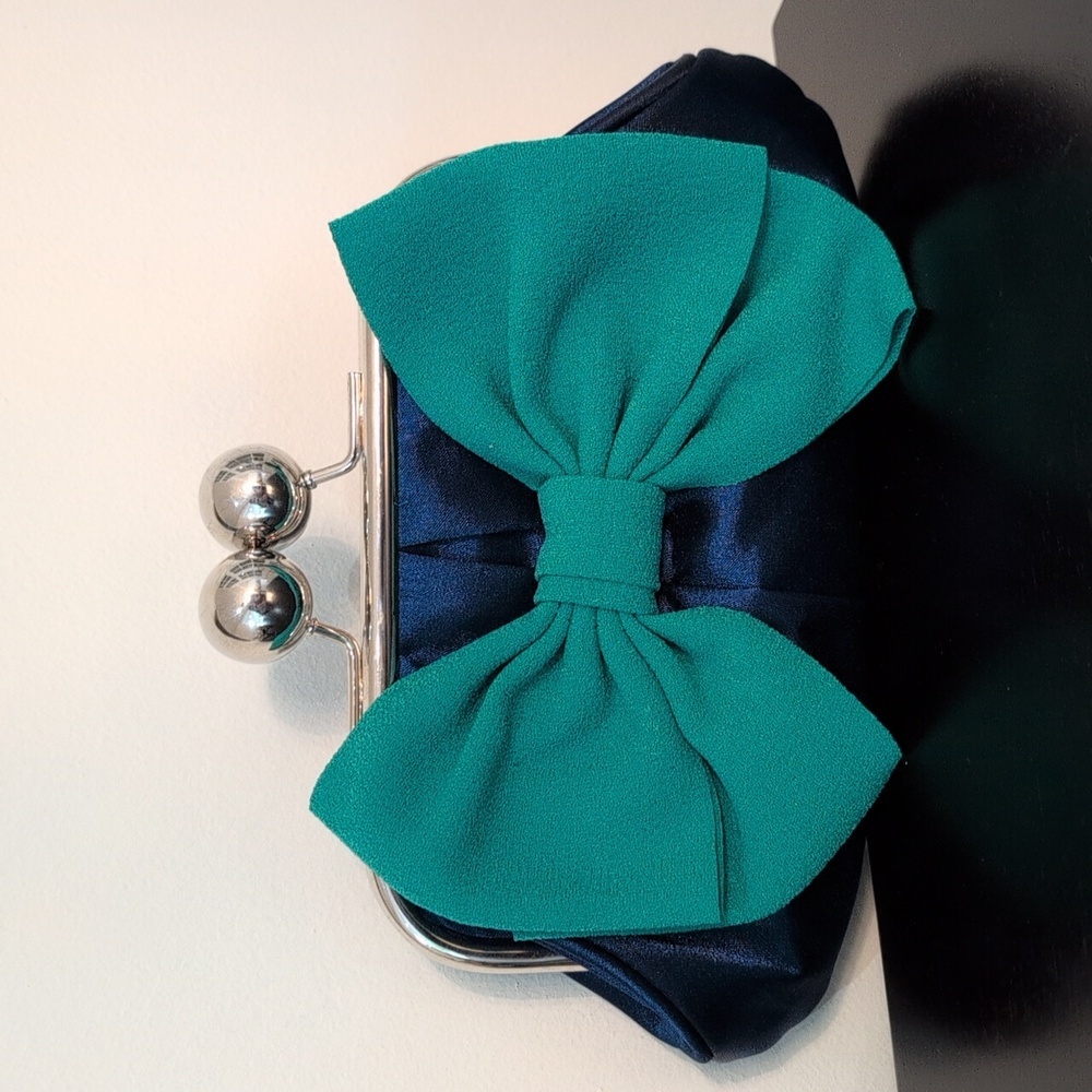 Royal Blue Satin Clutch W Teal Bow & Silver Hardware Crossbody Toronto Designer